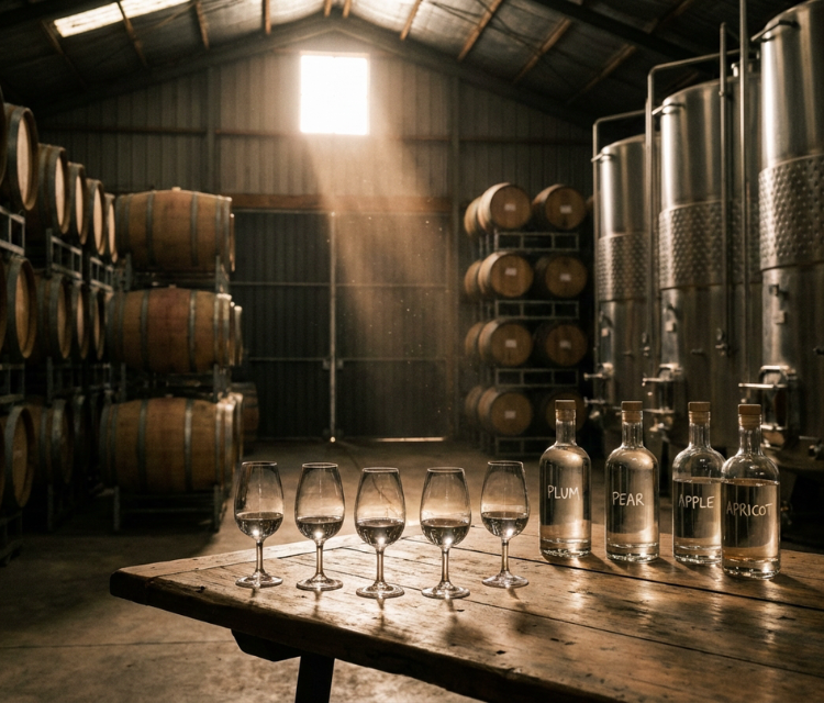 na drvenom stolu uzorci svih vrsta destilata iza burad drvena vocni destilati